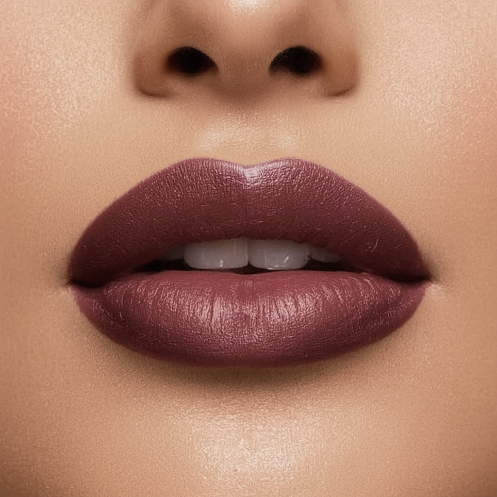 Close-up of a woman's lips with a mauve lipstick on a beige background