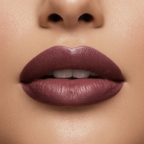 Close-up of a woman's lips with a mauve lipstick on a beige background