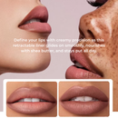 Lipstick application on lips with text describing product features.