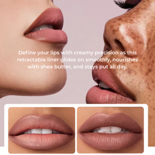 Lipstick application on lips with text describing product features.
