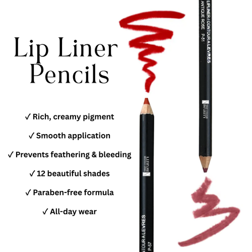 Lip liner pencils with text highlighting features on a white background