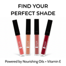 Four lip glosses with black caps on a white background, featuring the text 'Find Your Perfect Shade' and 'Powered by Nourishing Oils + Vitamin E'.