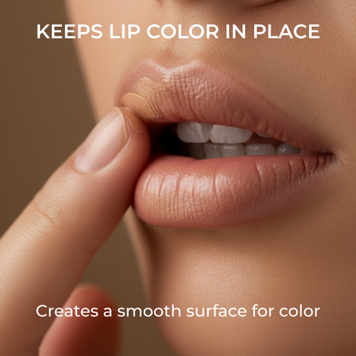 Close-up of lips with text indicating lip color maintenance and smooth surface creation.