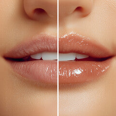 Close-up of glossy lips with a side-by-side comparison of a natural look and a more glossy finish.