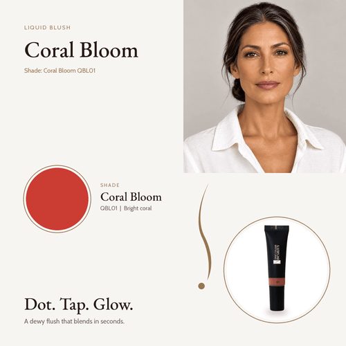 Liquid Blush Coral Bloom shade swatch with model