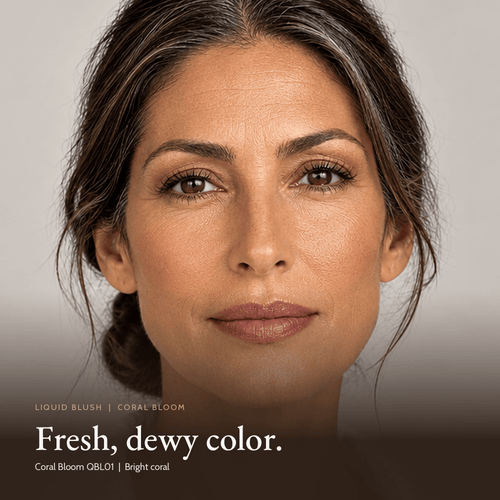 Close-up of model for Liquid Blush in Coral Bloom