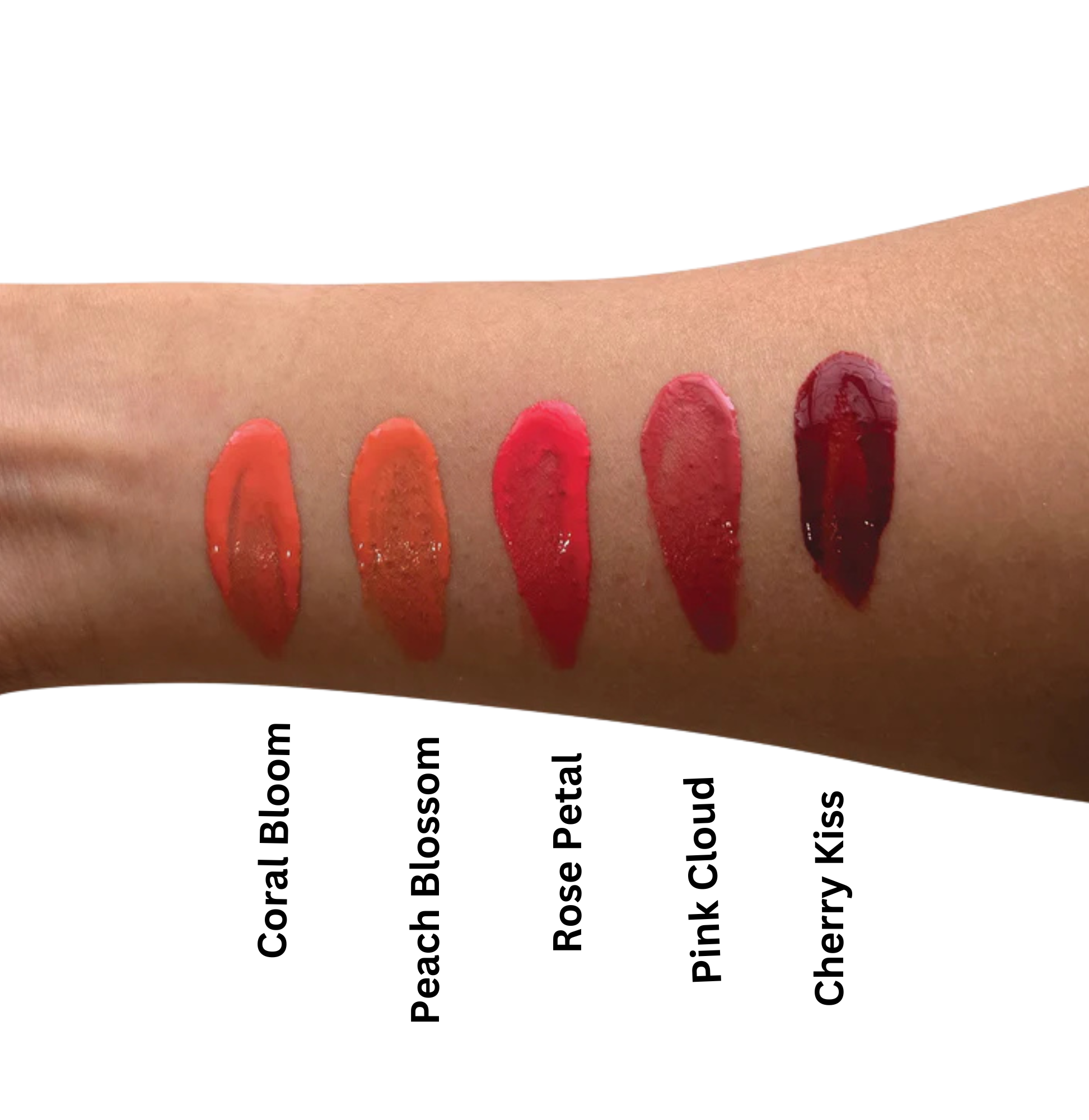 True Coulor Glitz & Glamor Set displayed on an arm, featuring lipstick swatches, highlighting the Lip Oil, Liquid Blush, and Liquid Shimmer for a radiant makeup look.