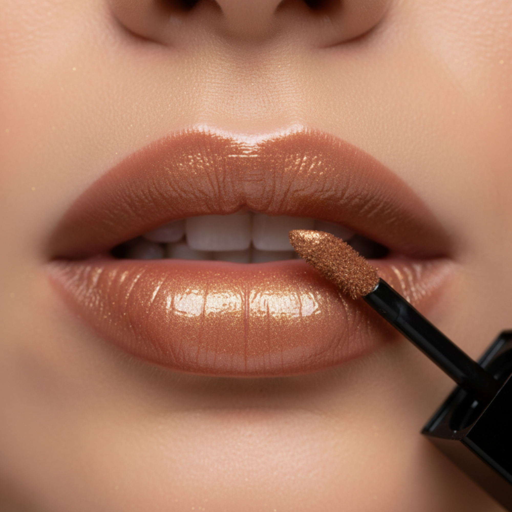 Close-up of a person applying nude lipstick with a brush