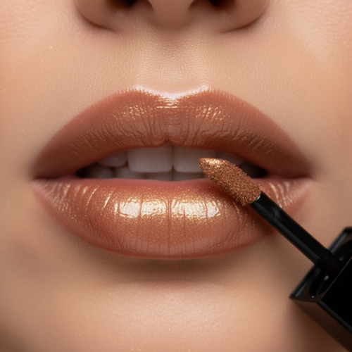 Close-up of a person applying nude lipstick with a brush