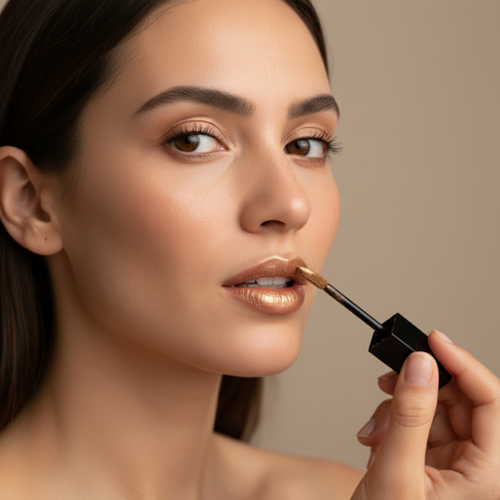 Woman applying lip gloss with a neutral background