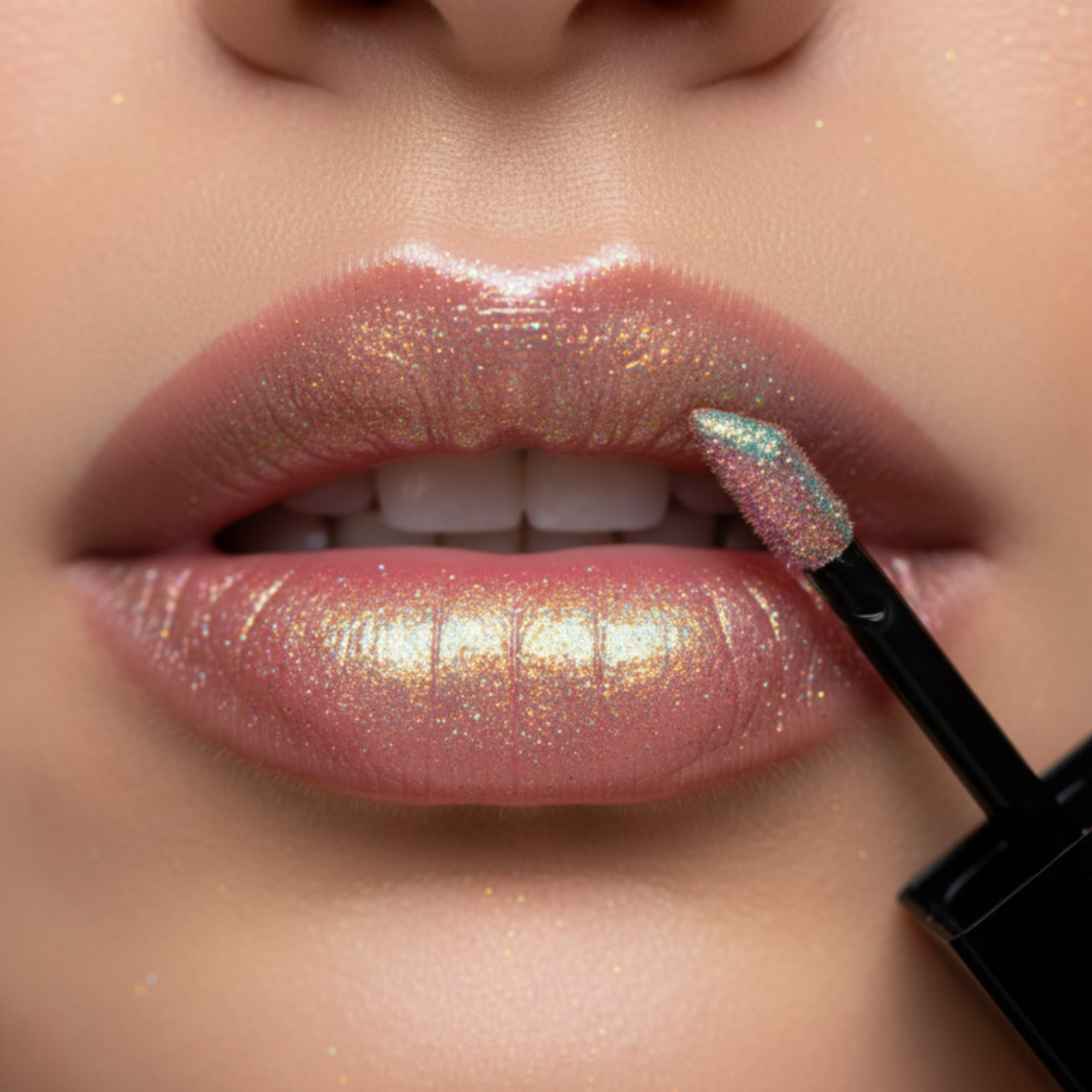 Close-up of a person applying glittery lip gloss to their lips.