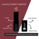 Luxury cream lipstick with branding and product features on a maroon and white background