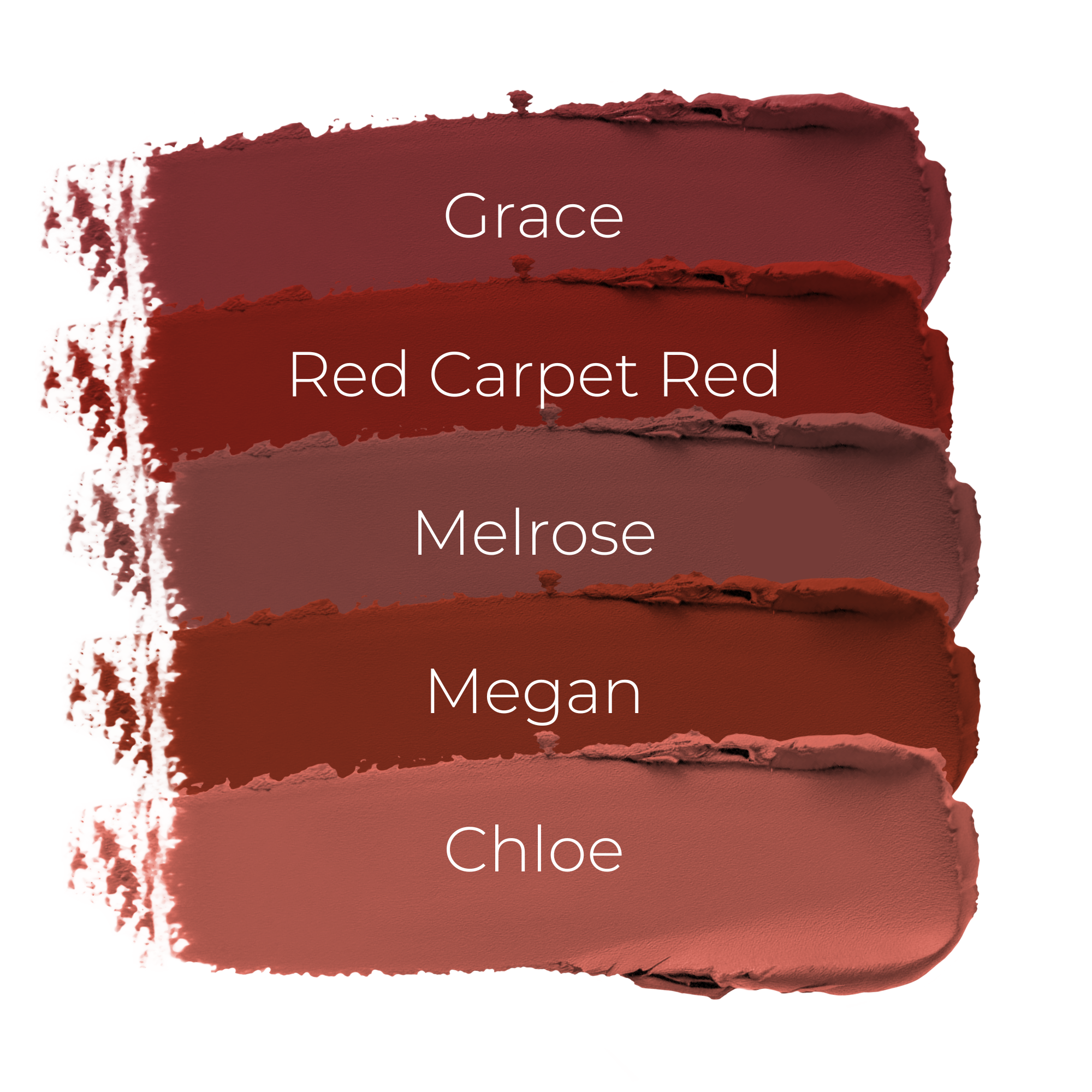 Five swatches of red lipstick labeled 'Grace', 'Red Carpet Red', 'Melrose', 'Megan', and 'Chloe' on a white background.