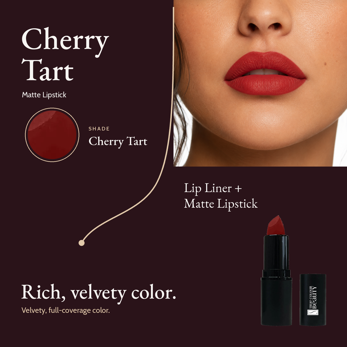Cherry Tart shade card with a lip close-up, a deep cherry red swatch and the Matte Lipstick bullet.
