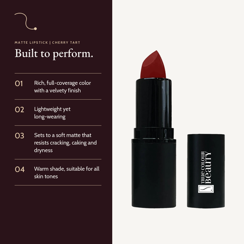 Matte Lipstick in Cherry Tart with key details: full coverage, lightweight, resists cracking, caking and dryness.