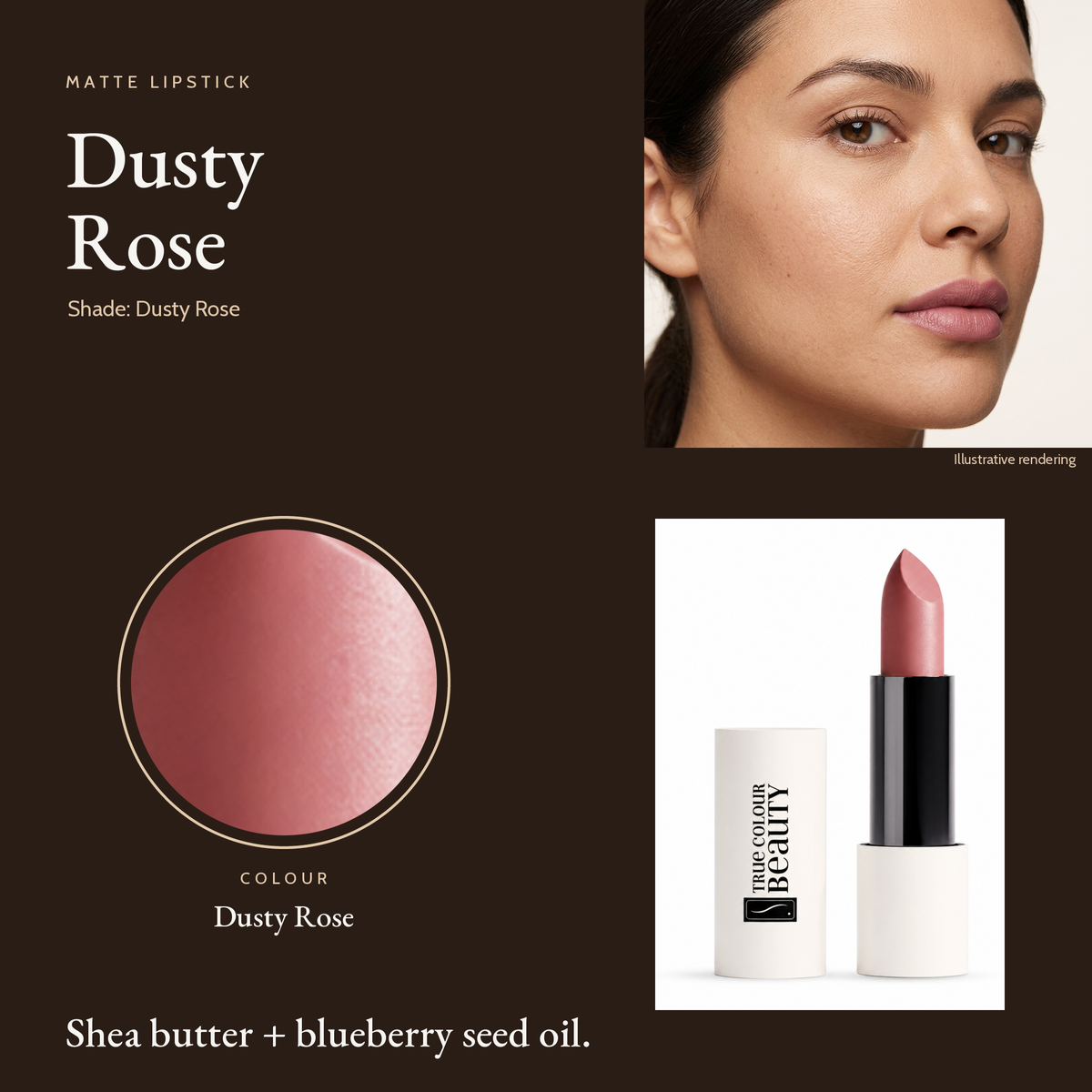 Matte Lipstick Dusty Rose shade, colour swatch and lipstick