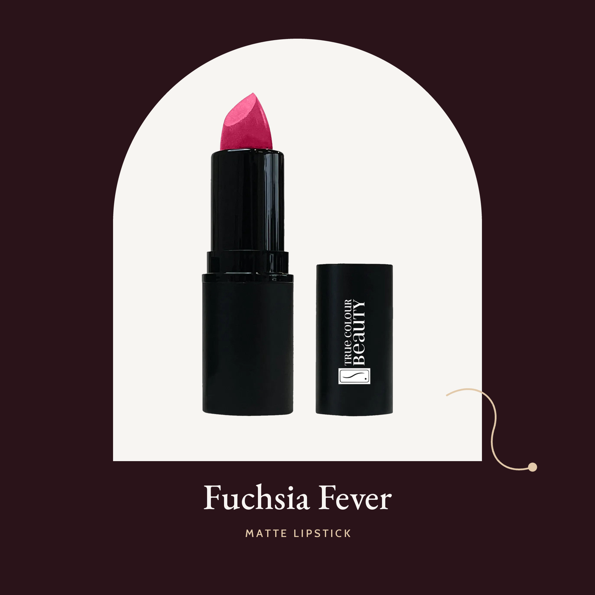 Matte Lipstick in Fuchsia Fever, a bright fuchsia pink, with its black cap.