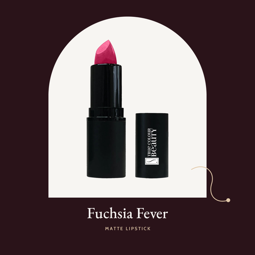 Matte Lipstick in Fuchsia Fever, a bright fuchsia pink, with its black cap.
