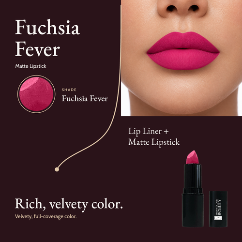 Fuchsia Fever shade card with a lip close-up, a bright fuchsia pink swatch and the Matte Lipstick bullet.