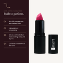 Matte Lipstick in Fuchsia Fever with key details: full coverage, lightweight, resists cracking, caking and dryness.