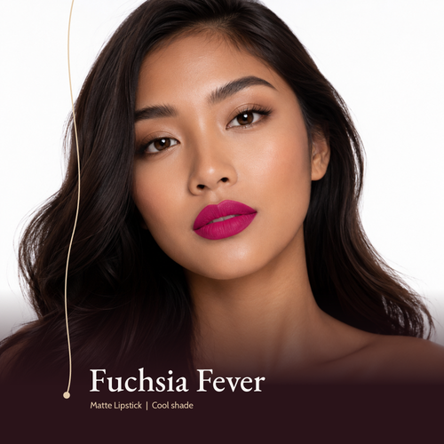 Model wearing Matte Lipstick in Fuchsia Fever, a bright fuchsia pink.
