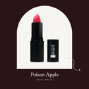 Matte Lipstick in Poison Apple, a bright pinky red, with its black cap.