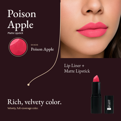 Poison Apple shade card with a lip close-up, a bright pinky red swatch and the Matte Lipstick bullet.