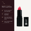 Matte Lipstick in Poison Apple with key details: full coverage, lightweight, resists cracking, caking and dryness.