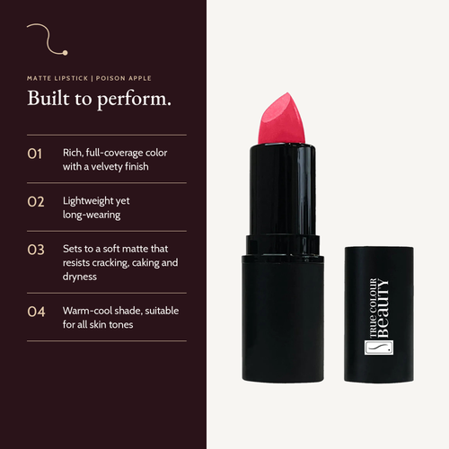 Matte Lipstick in Poison Apple with key details: full coverage, lightweight, resists cracking, caking and dryness.