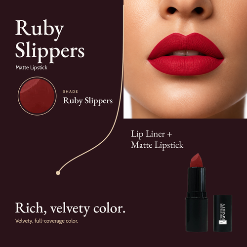 Ruby Slippers shade card with a lip close-up, a rich ruby red swatch and the Matte Lipstick bullet.