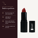 Matte Lipstick in Ruby Slippers with key details: full coverage, lightweight, resists cracking, caking and dryness.