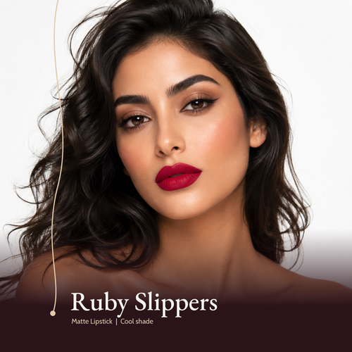 Model wearing Matte Lipstick in Ruby Slippers, a rich ruby red.