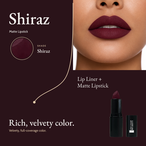 Shiraz shade card with a lip close-up, a deep plum wine swatch and the Matte Lipstick bullet.