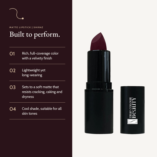 Matte Lipstick in Shiraz with key details: full coverage, lightweight, resists cracking, caking and dryness.