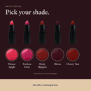 Matte Lipstick shade lineup: Poison Apple, Fuchsia Fever, Ruby Slippers, Shiraz and Cherry Tart with swatches.