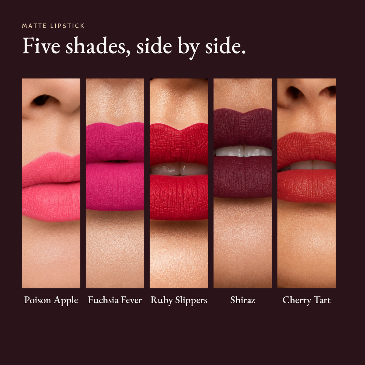 Matte Lipstick shade comparison showing five shades on lips, side by side.