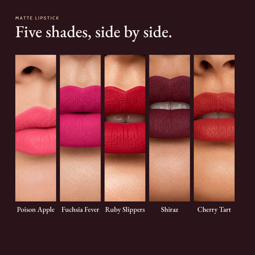 Matte Lipstick shade comparison showing five shades on lips, side by side.