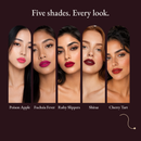 Five models with different skin tones each wearing a Matte Lipstick shade.
