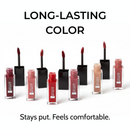 Collection of lipsticks with visible brand name on a white background, emphasizing long-lasting color and comfort.
