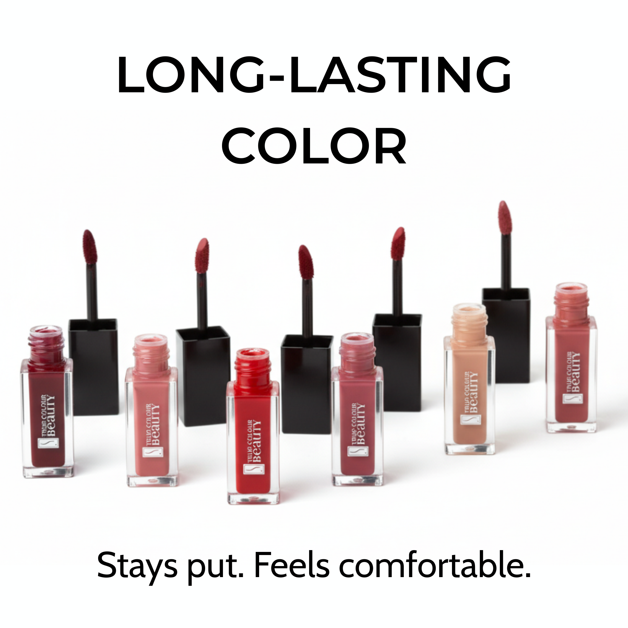 Collection of lipsticks with visible brand name on a white background, emphasizing long-lasting color and comfort.