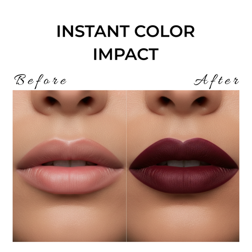 Before and after comparison of lips with instant color impact text