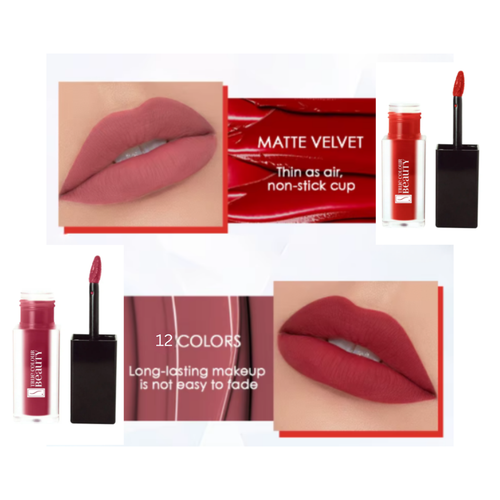 Collage of matte lipstick with packaging and close-up shots on a white background