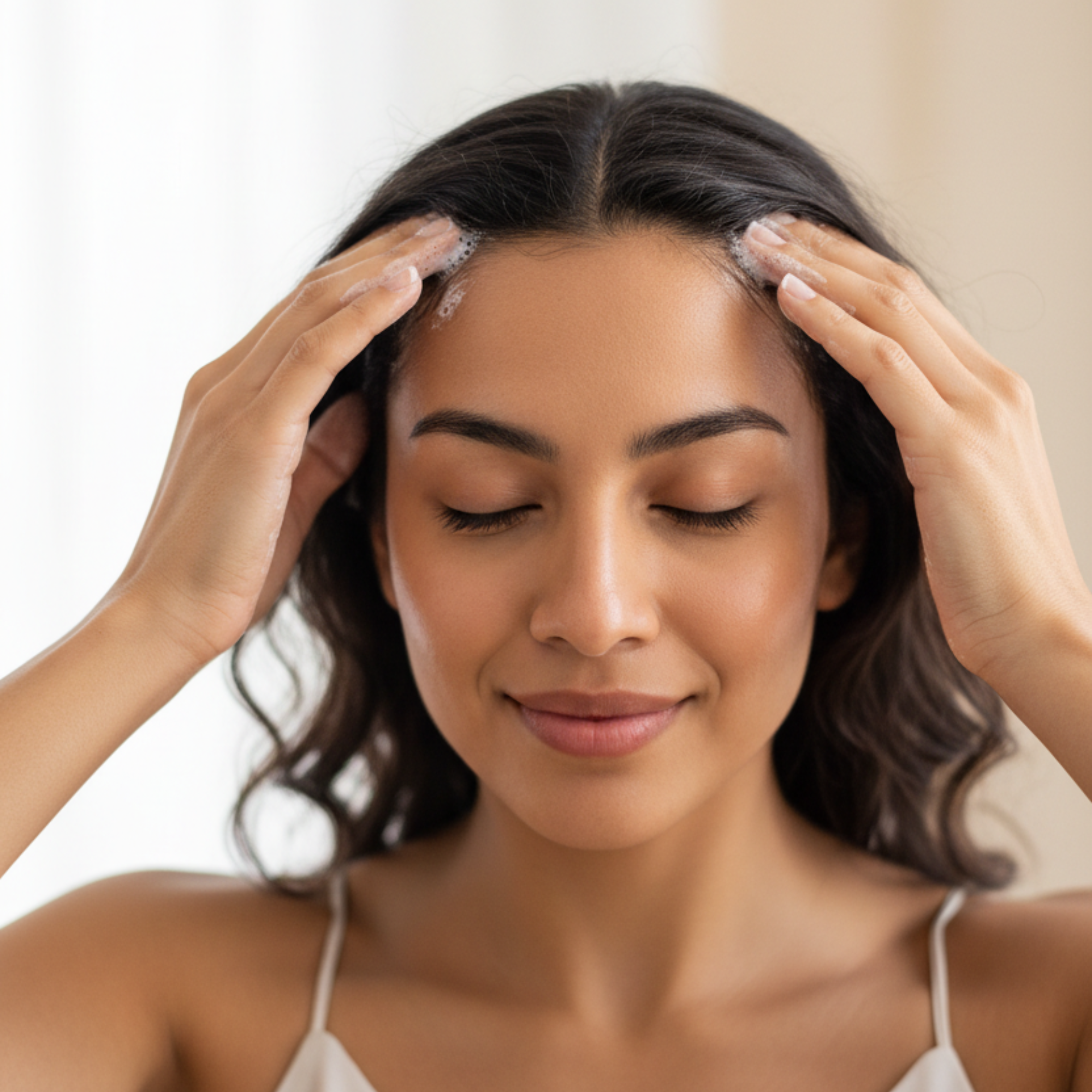 Mexican woman applying scalp scrub