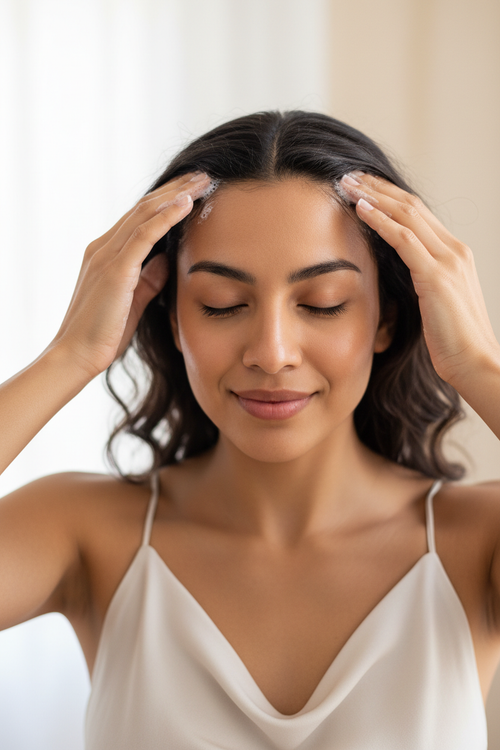 Mexican woman applying scalp scrub