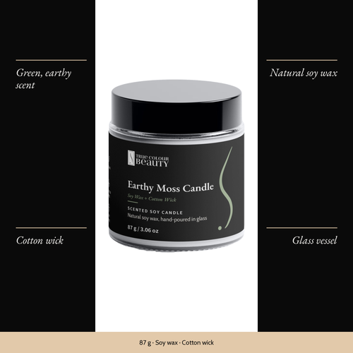 Earthy Moss Candle with four features: scent, natural soy wax, cotton wick, glass vessel
