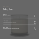 Candle safety: flat heat-resistant surface, never leave a burning candle unattended, keep away from drafts, children, pets and anything flammable