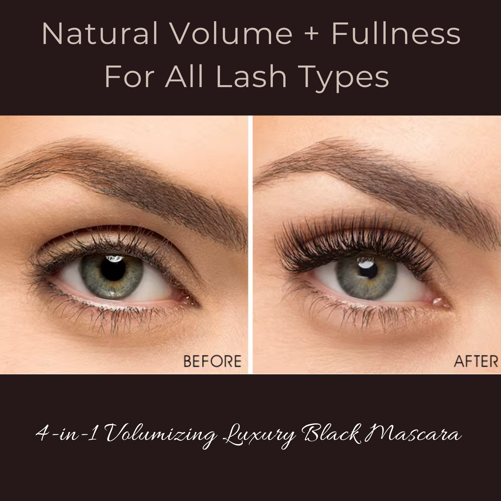 Before and after comparison of eyes with mascara application, highlighting natural volume and fullness.