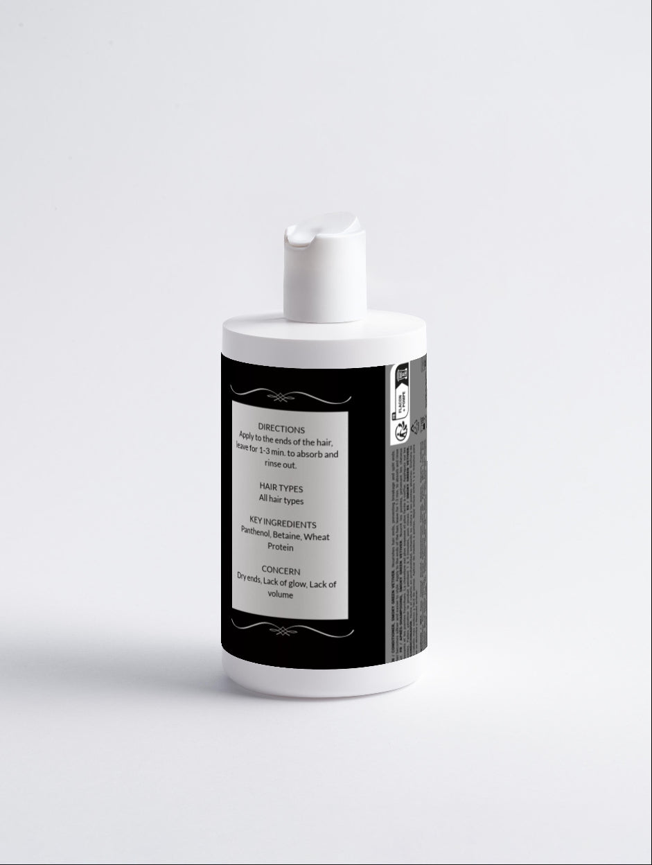 White bottle with a black label on a light gray background