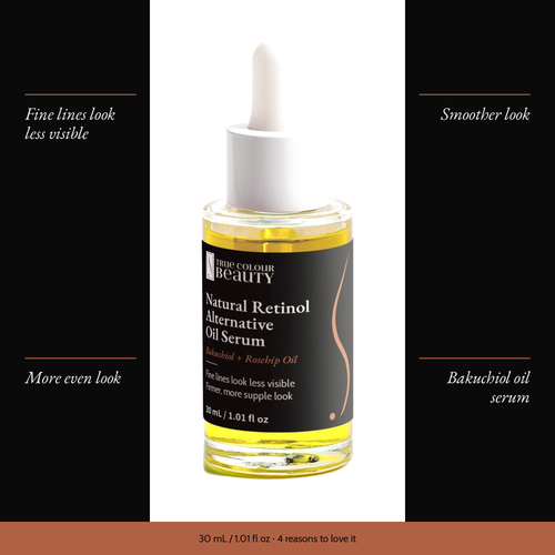 Natural Retinol Alternative Oil Serum with four benefits: fine lines look less visible, smoother look, more even look, bakuchiol oil serum