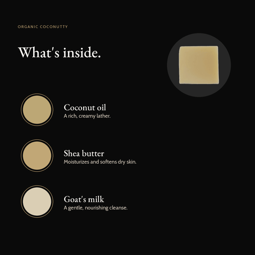 What's inside Organic Coconutty Natural Soap: coconut oil, shea butter, goat's milk